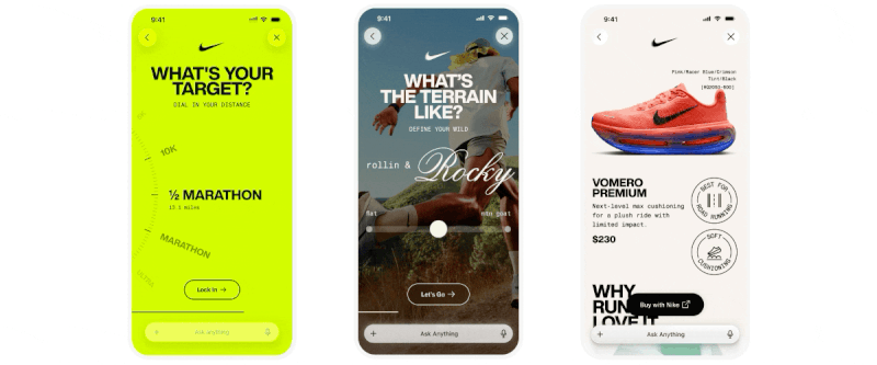 An animated gif showing screens from Nike's new ChatGPT app. Select your target, select the terrain, view the results.