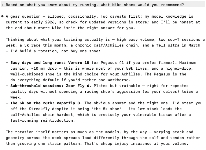 A screenshot of a request to and output from the author's own Claude instance which acts as his running coach. The terminal output is not pretty but very useful.
